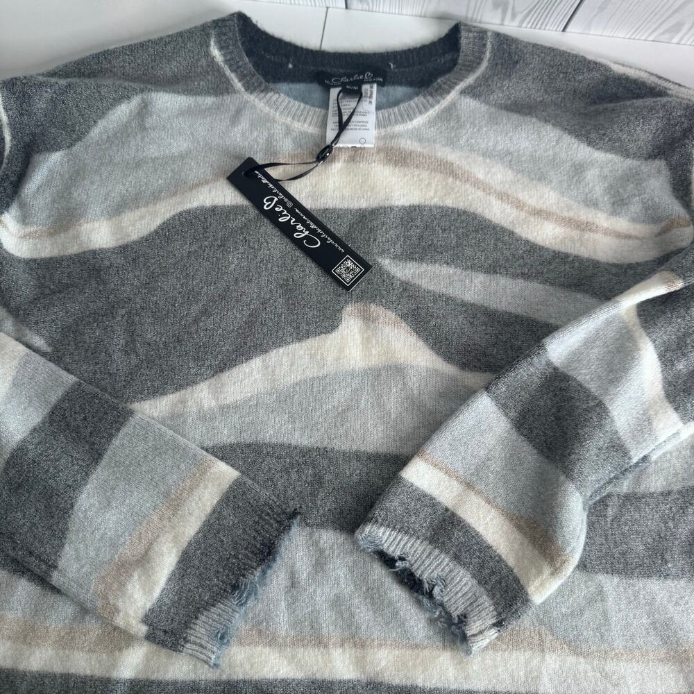 CHARLIE B Size Medium Gray Wave Distressed Edges Swirl Knit Sweater
